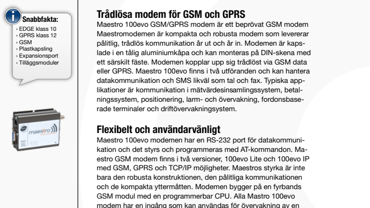 Maestro 100evo GPRS modem datablad