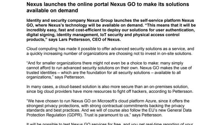 Nexus launches the online portal Nexus GO to make its solutions available on demand