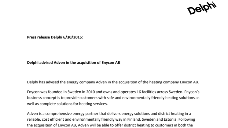 Delphi advised Adven in the acquisition of Enycon AB