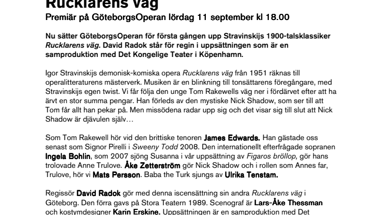 Rucklarens väg-Premiär på GöteborgsOperan lördag 11 september kl 18.00 