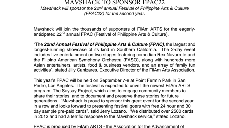 Mavshack will sponsor the 22nd annual Festival of Philippine Arts & Culture (FPAC22) for the second year.
