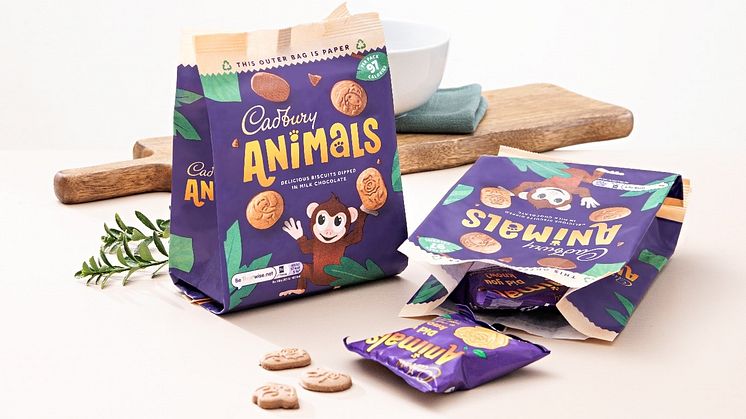 Image of the "Cadbury Animals" biscuits in new paper packaging