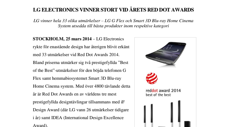 LG ELECTRONICS VINNER STORT VID ÅRETS RED DOT AWARDS 