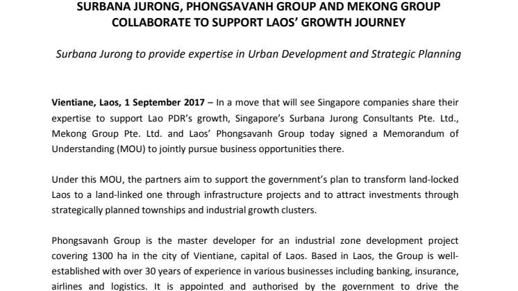 Surbana Jurong, Phongsavanh Group and Mekong Group collaborate to support Laos' growth journey