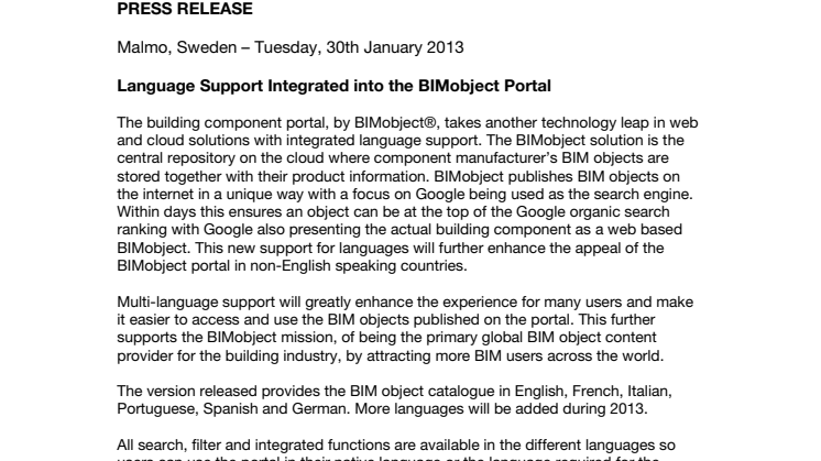 Language Support Integrated into the BIMobject Portal