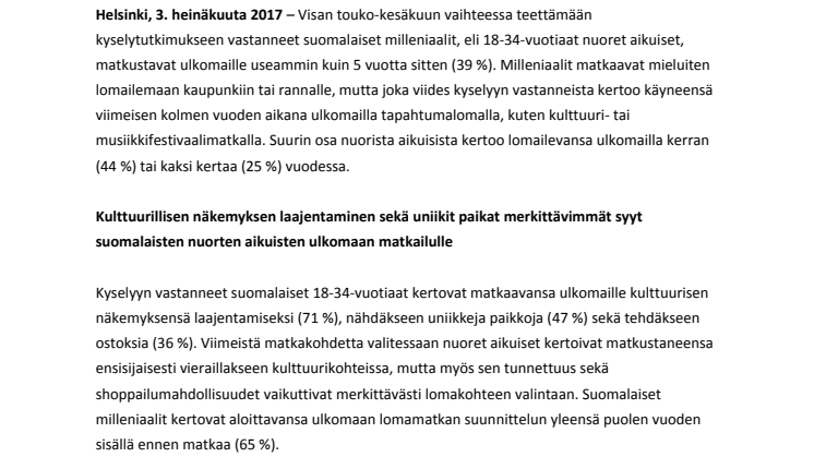 Tuore kyselytutkimus: Suomalaiset milleniaalit tekevät enemmän ulkomaanmatkoja kuin 5 vuotta sitten