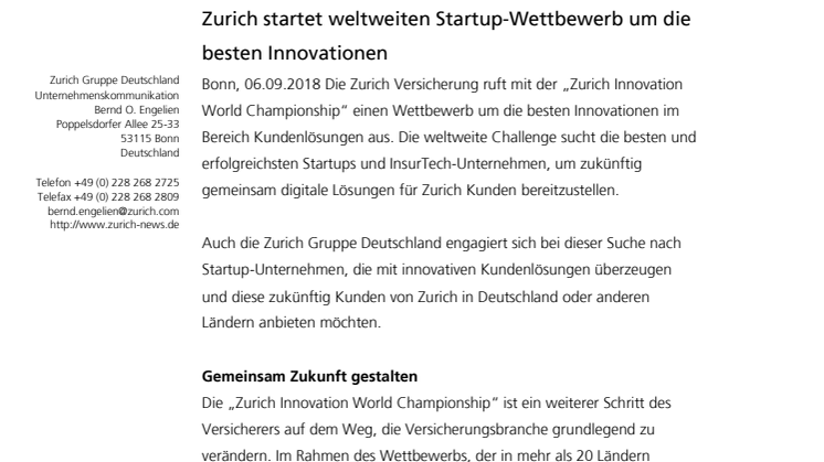 Zurich startet weltweiten Startup-Wettbewerb um die besten Innovationen