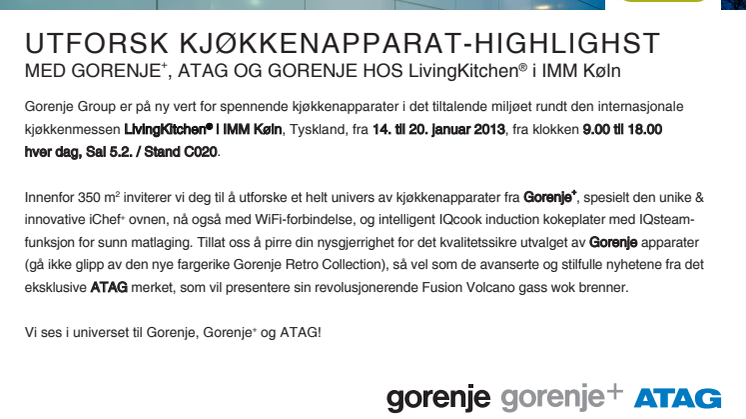 Utforsk kjøkkenapparat-highlights med Gorenje+, ATAG og Gorenje hos LivingKitchen® i IMM Køln