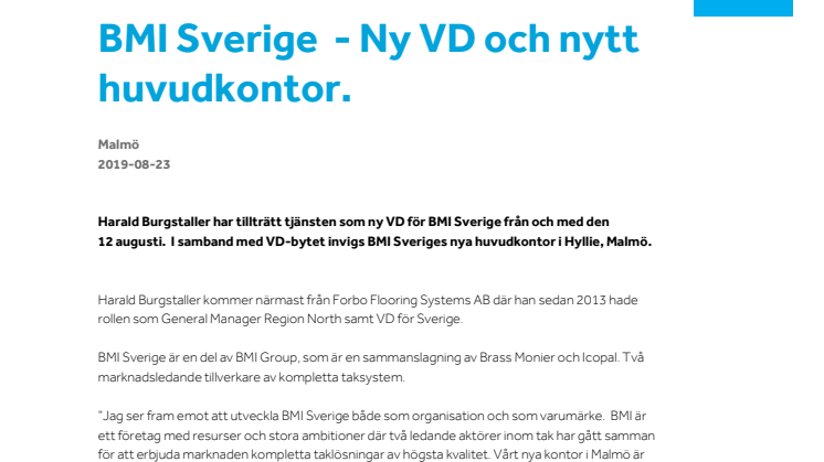 BMI Sverige  - Ny VD och nytt huvudkontor.