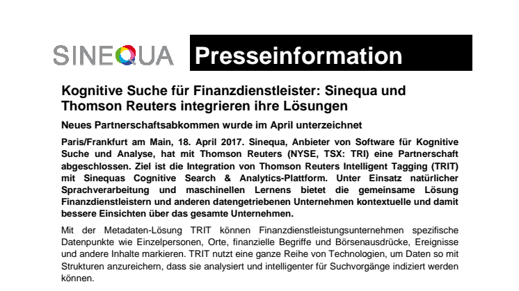 Sinequa und Thomson Reuters unterzeichnen Partnerschaftsabkommen für Kognitive Suche für Finanzdienstleister