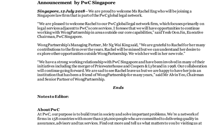 ​Announcement by PwC Singapore