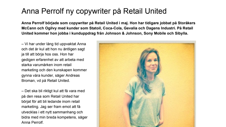 Anna Perrolf ny copywriter på Retail United
