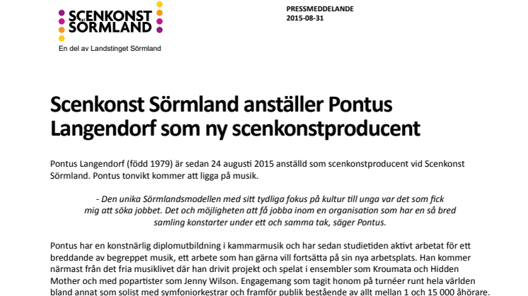 Scenkonst Sörmland anställer Pontus Langendorf som ny scenkonstproducent
