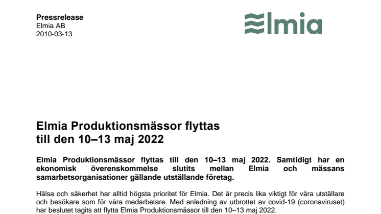 Elmia Produktionsmässor flyttas till den 10–13 maj 2022