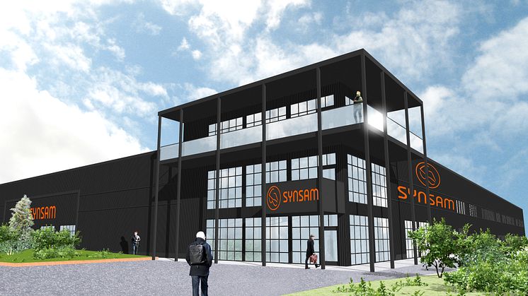 Nu är det klart att Synsams fabrik- och innovationscenter uppförs i Östersund med cirka 200 nya arbetstillfällen. Skissbild på byggnaden.