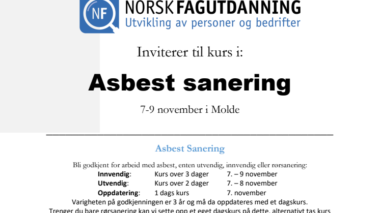 Invitasjon til kurs i asbestsanering den 7 november 2017 i Molde