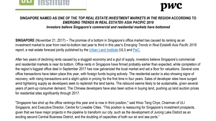 Singapore named as one of the top real estate investment markets in the region according to Emerging Trends in Real Estate® Asia Pacific 2018
