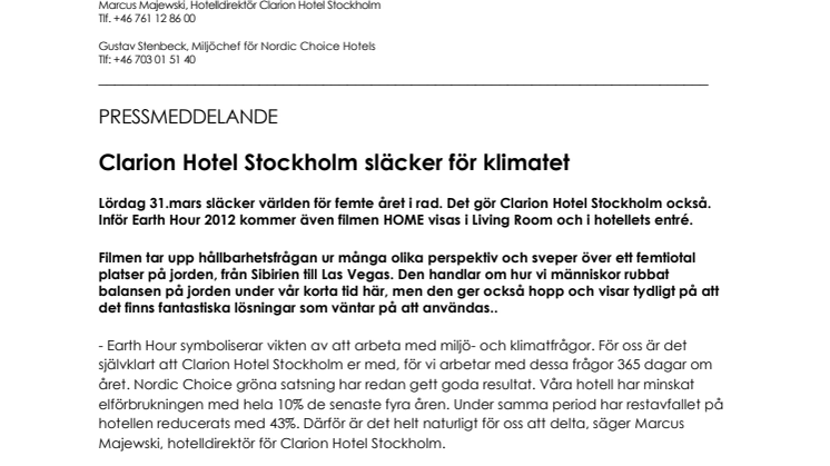 Clarion Hotel Stockholm släcker för klimatet