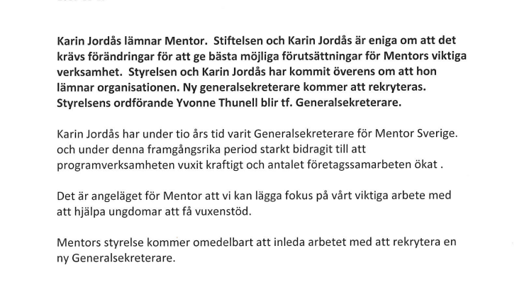 Mentor Sveriges generalsekreterare Karin Jordås avgår