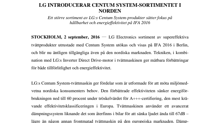LG INTRODUCERAR CENTUM SYSTEM-SORTIMENTET I NORDEN
