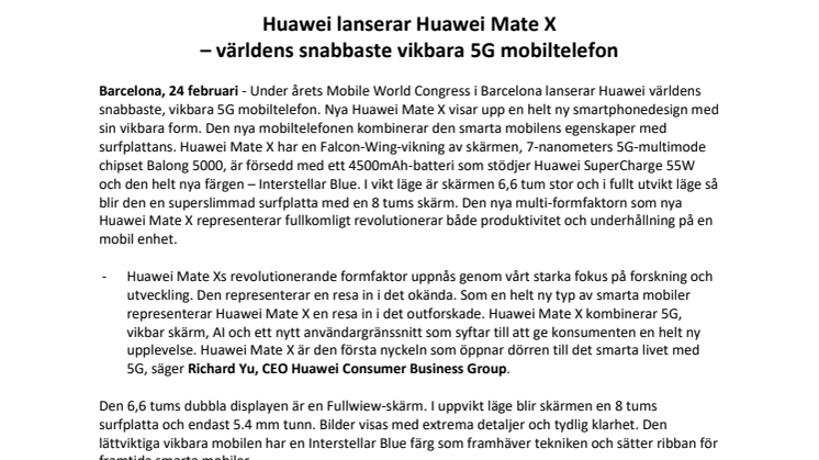 Huawei lanserar Huawei Mate X  – världens snabbaste vikbara 5G mobiltelefon 