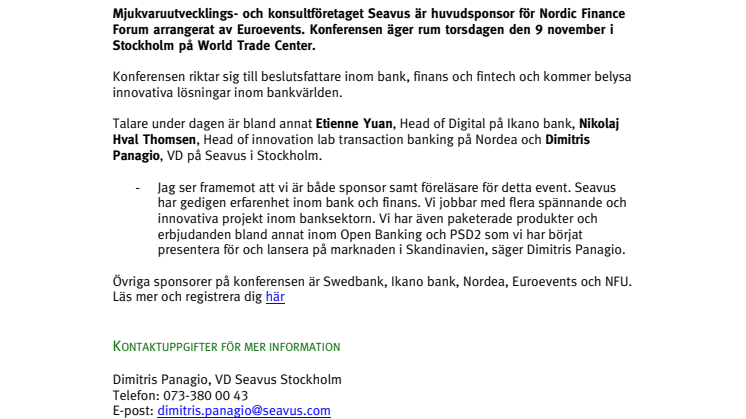 Seavus huvudsponsor av Nordic Finance Forum