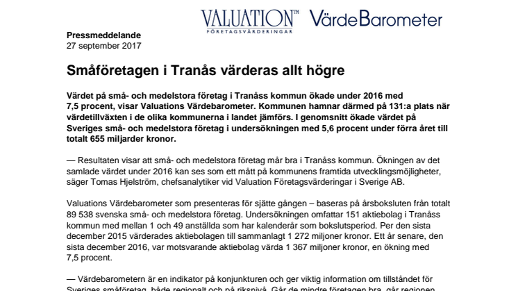 Värdebarometern 2017 Tranås kommun