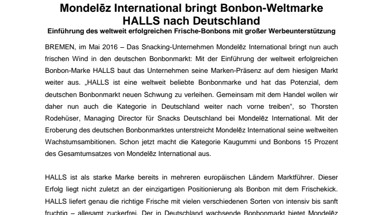 Mondelēz International bringt Bonbon-Weltmarke HALLS nach Deutschland