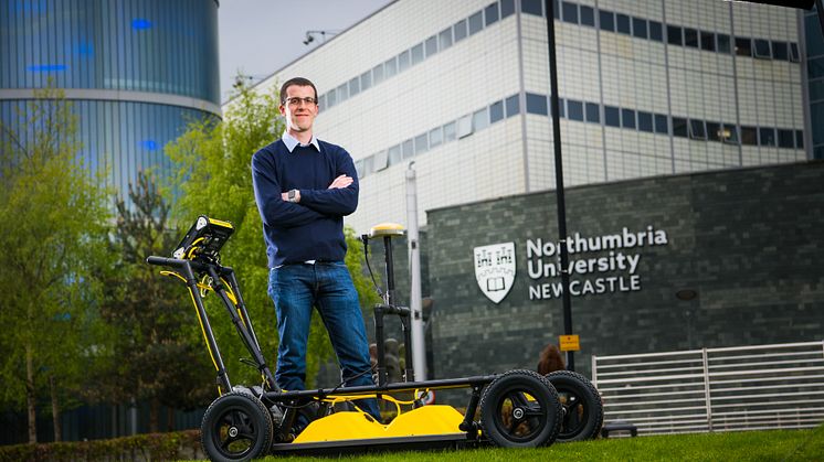 Dr Craig Warren is pictured with a Ground Penetrating Radar (GPR) system manufactured by Sensors & Software. The gprMax software can be used to inform interpretations of GPR data from systems such as this.