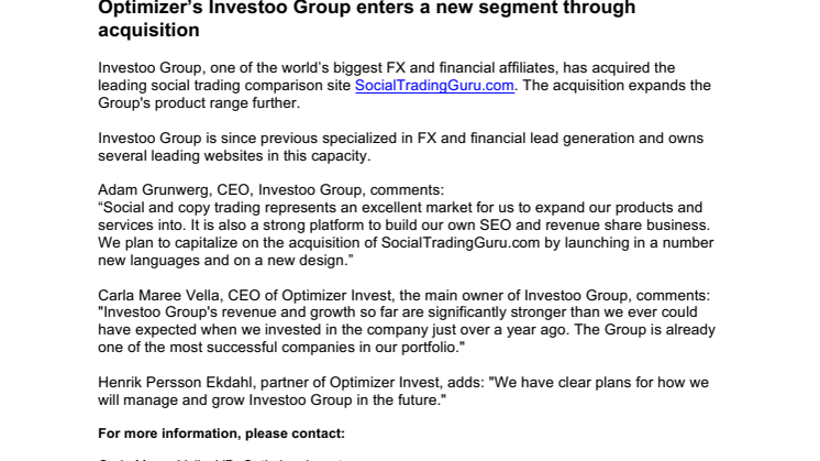 Optimizer's Investoo Group enters a new segment through acquisition