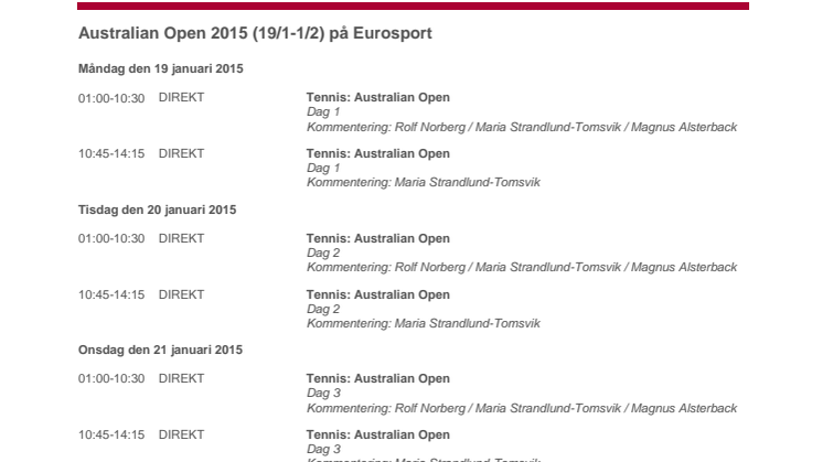 Tablå för Australian Open 2015 på Eurosport
