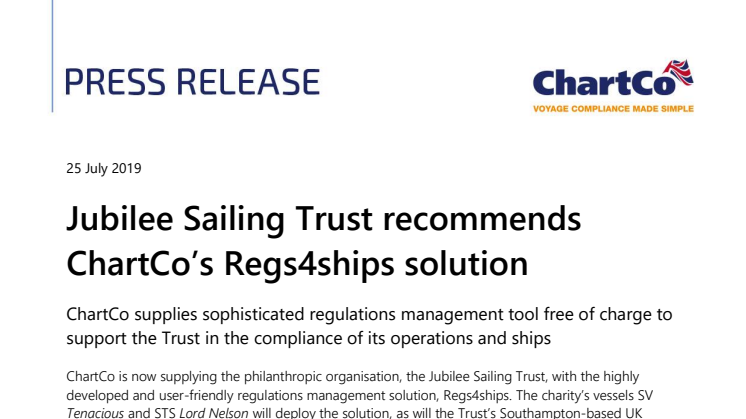 Jubilee Sailing Trust recommends ChartCo’s Regs4ships solution 