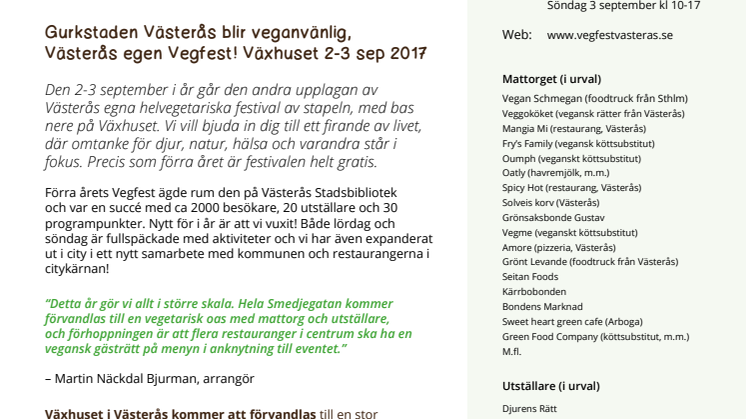 Gurkstaden Västerås blir veganvänlig, Västerås egen Vegfest! Växhuset 2-3 sep 2017 