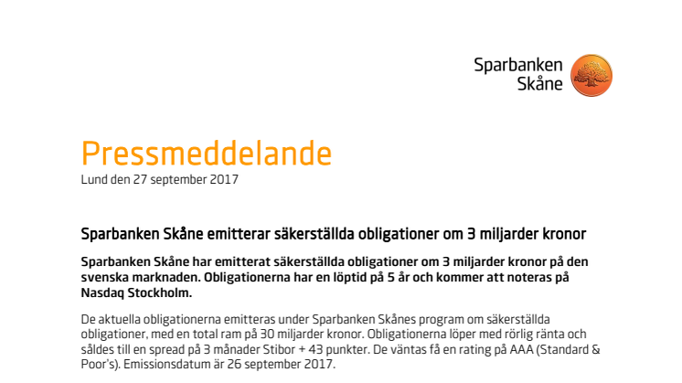 Sparbanken Skåne emitterar säkerställda obligationer om 3 miljarder kronor