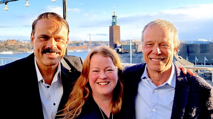 Grundarna av det nya rymdföretaget I.S.A.A.C. fr v. entreprenör Mattias Hansson, rymddesigner Cecilia Hertz och astronaut Christer Fuglesang 