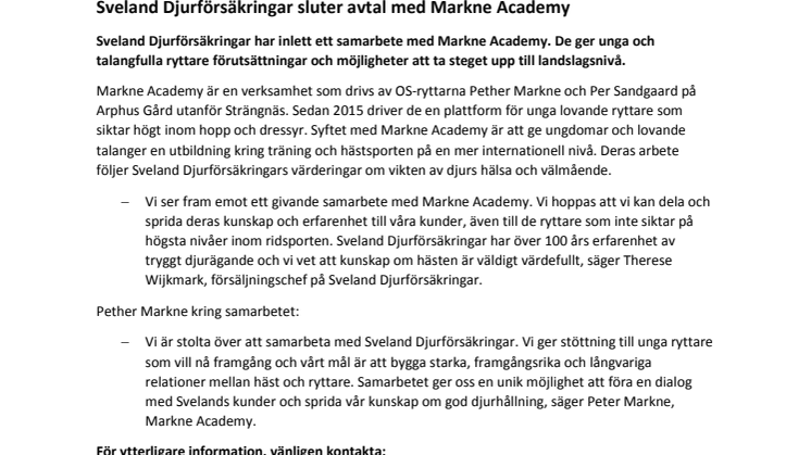Sveland Djurförsäkringar sluter avtal med Markne Academy