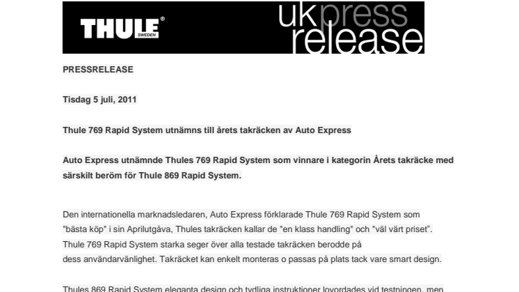 Thule 769 Rapid System utnämns till årets takräcken av brittiska Auto Express