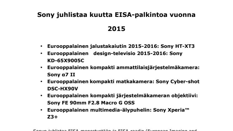 Sony juhlistaa kuutta EISA-palkintoa vuonna 2015