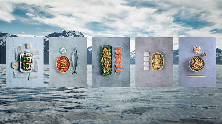 Collage of Norwegian seafood. Background photo: Knut Aaserud. Food photos of clip fish, mackerel, salmon, skrei and prawns: Studio Dreyer Hensley
