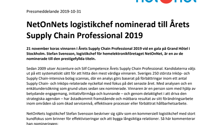 NetOnNets logistikchef nominerad till Årets Supply Chain Professional 2019