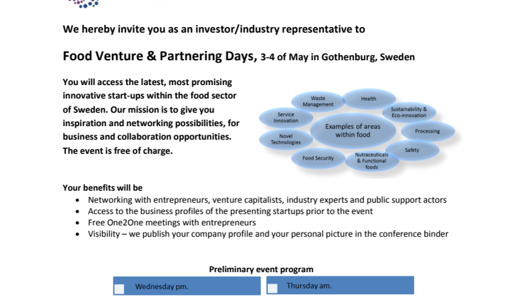 Invitation: Food Venture & Partnering Days, 3-4 of May in Gothenburg