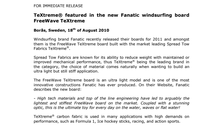 TeXtreme® featured in the new Fanatic windsurfing board FreeWave TeXtreme