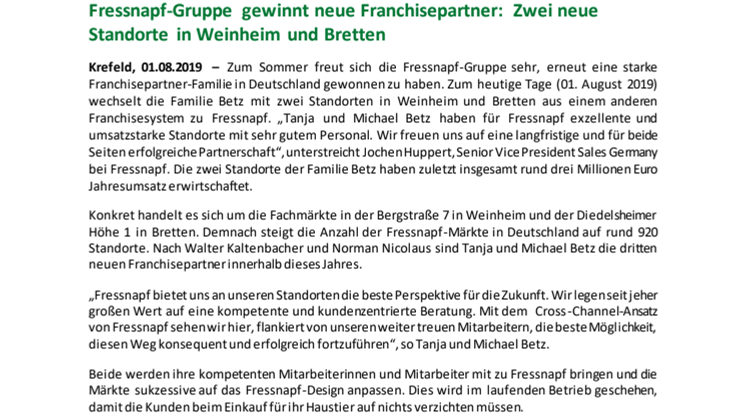 Fressnapf-Gruppe gewinnt neue Franchisepartner: Zwei neue Standorte in Weinheim und Bretten