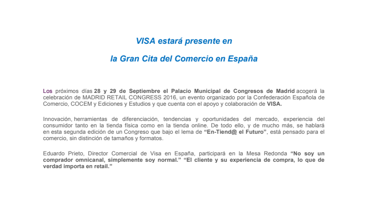 VISA estará presente en la segunda edición del Madrid Retail Congress