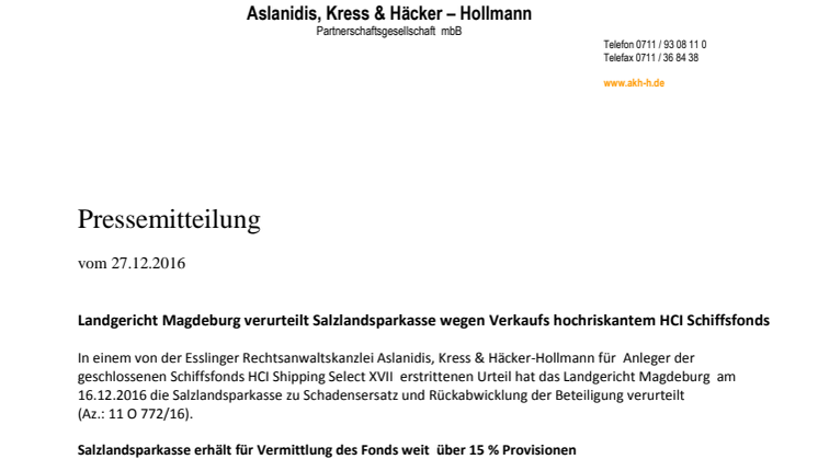 Landgericht Magdeburg verurteilt Salzlandsparkasse wegen Verkaufs hochriskantem HCI Schiffsfonds 