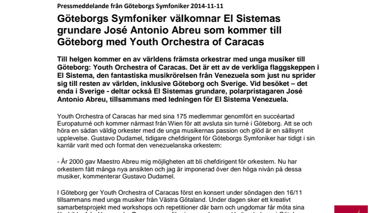 Göteborgs Symfoniker välkomnar El Sistemas grundare José Antonio Abreu som kommer till Göteborg med Youth Orchestra of Caracas 