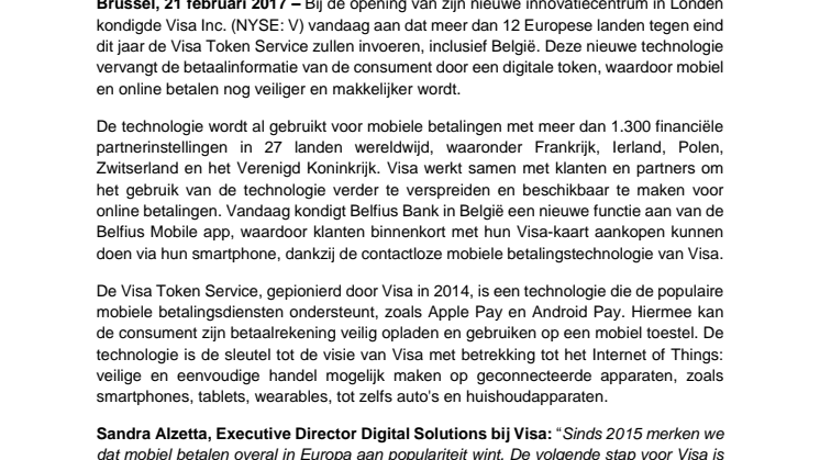 Visa Technologie breidt mobiel betalen tegen eind 2017 uit naar 12 Europese landen 