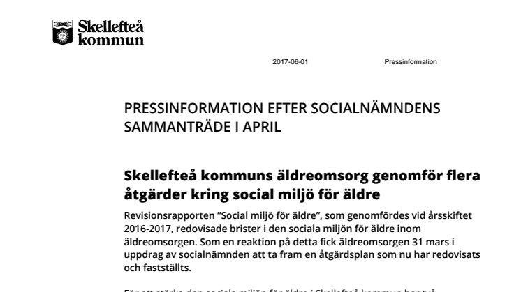 Pressinformation efter socialnämndens sammanträde april 2017