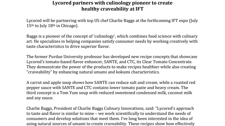 PRESS RELEASE: Lycored partners with culinology pioneer to create healthy craveability at IFT
