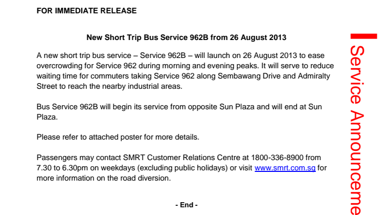 New Short Trip Bus Service 962B from 26 August 2013